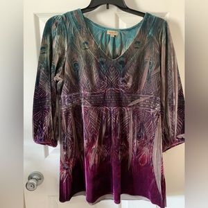 One World XL Crushed Velvet Ruched Peacock Feather Print Top